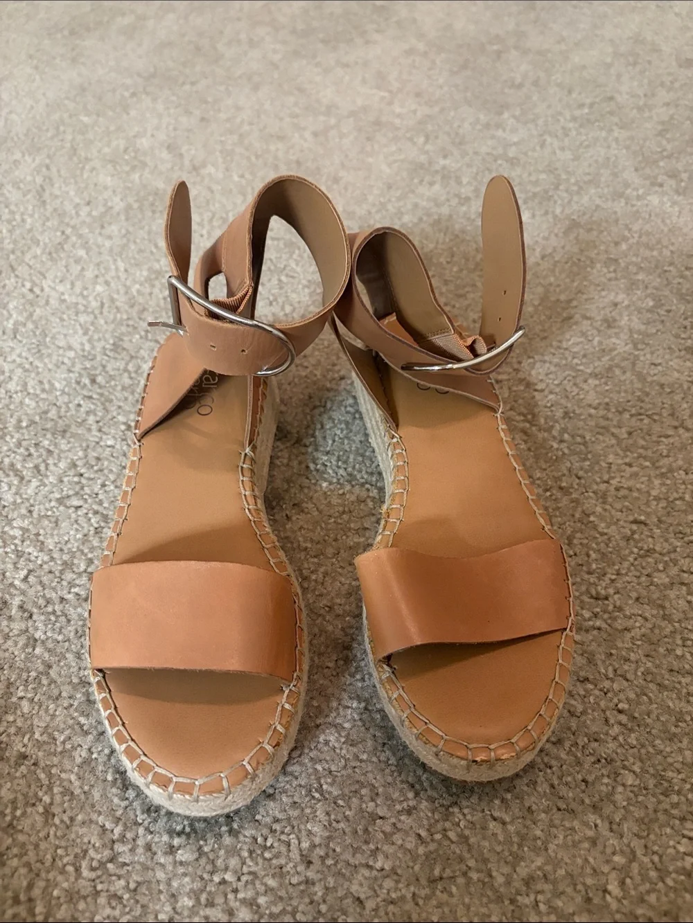 Tan Leather Espadrille Wedges with Ankle Buckle